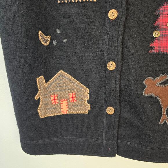 Vintage Woolrich Vest Women's M Black Boiled Wool Applique Moose Cabin Rustic - Picture 5 of 11